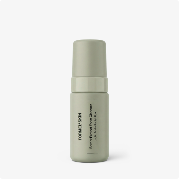 A minimalist, beige bottle of Forme Skin Barrier Protect Foam Cleanser is centered on a light background.